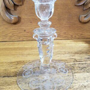 Vintage Elegant Glass Candlestick 6.5” Clear Crystal Etched Floral Base